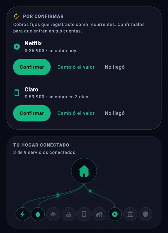 Pantalla de HogarOS con cobros por confirmar y servicios del hogar conectados